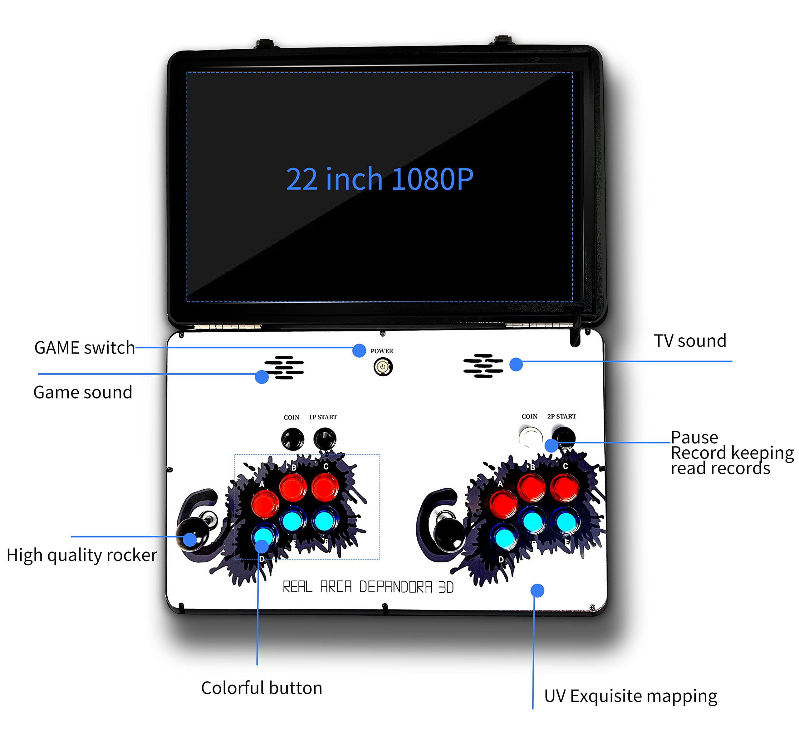 WYGAMING Portable 20000 in 1 Metal Box 3D Arcade Game Console, 22 inch Screen Retro Electronic Game Console, with Search/Hide/Save/Load/Pause Functions