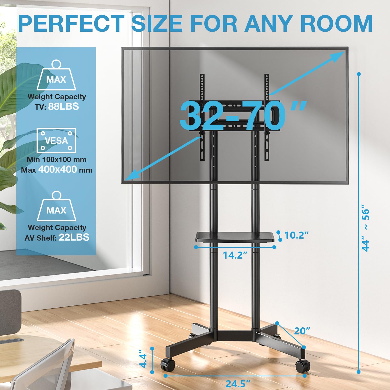 YOMT Mobile TV Stand for 32-70 inch TVs - Height Adjustable Rolling TV Stand, 88lbs Capacity, 2-inch Caster Wheels Portable TV Stand with US Socket & Removable Storage Shelf