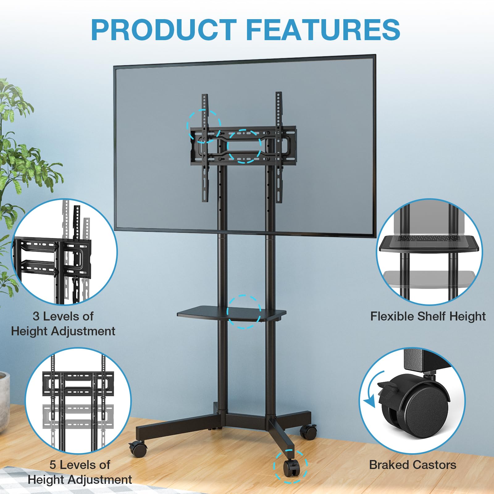 YOMT Mobile TV Stand for 32-70 inch TVs - Height Adjustable Rolling TV Stand, 88lbs Capacity, 2-inch Caster Wheels Portable TV Stand with US Socket & Removable Storage Shelf