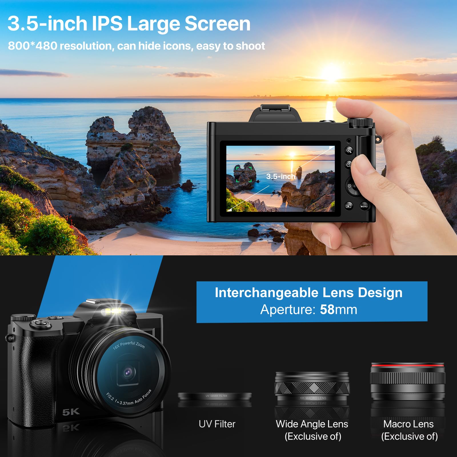 5K Digital Camera WiFi Autofocus Vlogging Camera for YouTube 48MP Camera for Photography and Video, 3.5