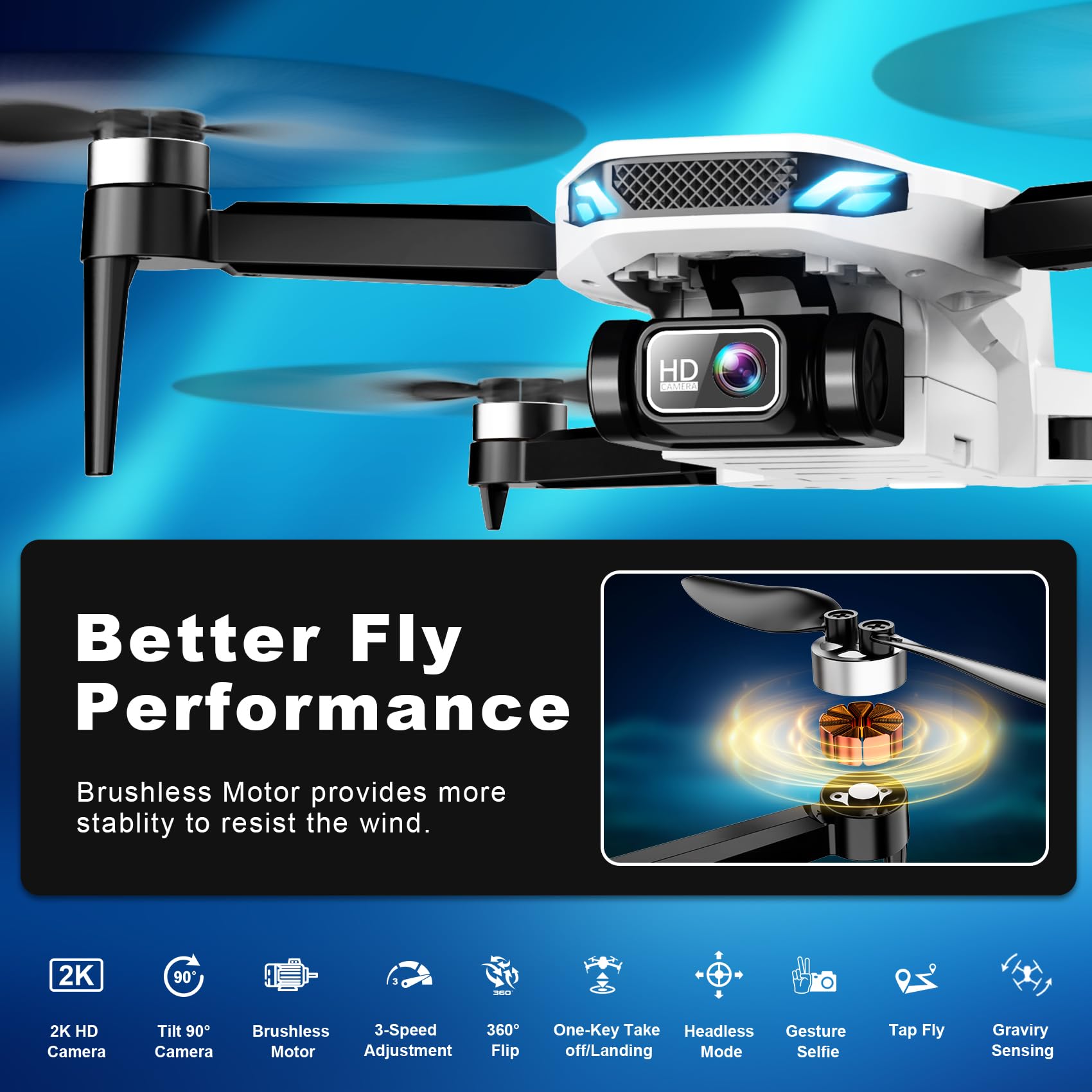 Drone with Camera, 2K FPV Drone with Brushless Motor, Altitude Hold, Gesture Selfie, One Key Take Off/Landing, 3D Flips, Waypoint Fly, 2 Batteries, Foldable Mini Drones for Kids and Beginners