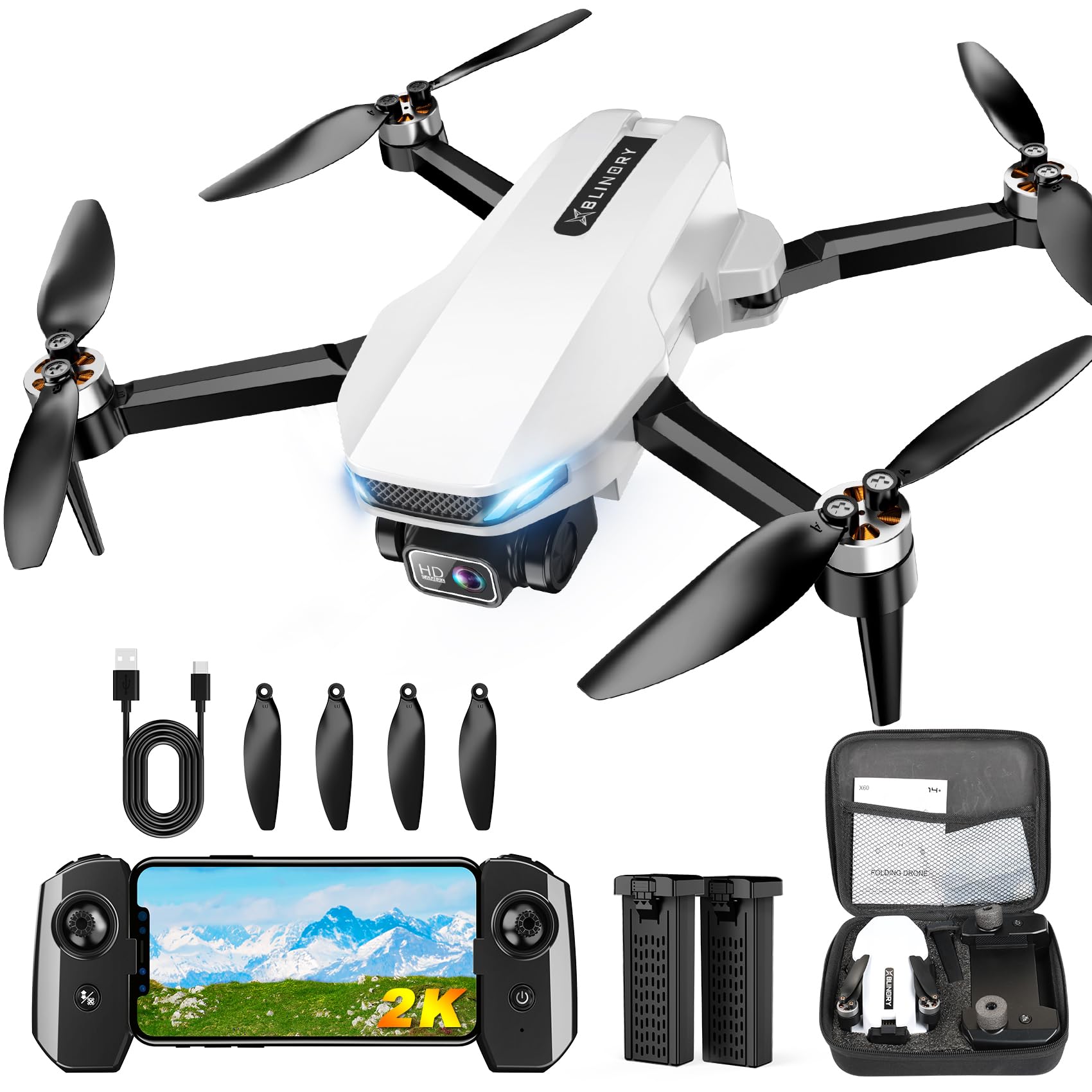 Drone with Camera, 2K FPV Drone with Brushless Motor, Altitude Hold, Gesture Selfie, One Key Take Off/Landing, 3D Flips, Waypoint Fly, 2 Batteries, Foldable Mini Drones for Kids and Beginners