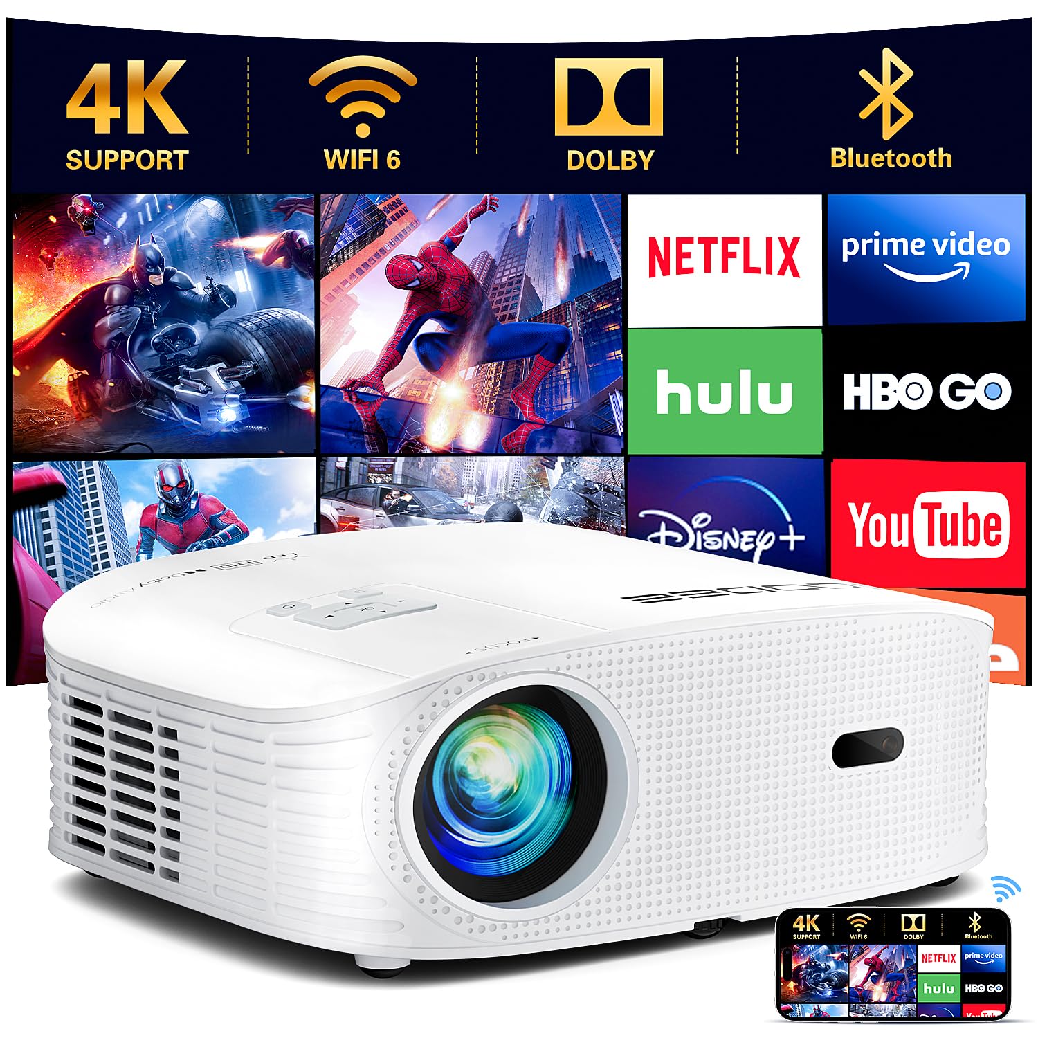 GooDee 4K WiFi Bluetooth Projector - Smart 1080P Projector, Movie Projector, Netflix/Amazn Prime Video Certified, Video Projector For Home Theater Dolby Audio Zoom Portable Projector TV Stick PPT