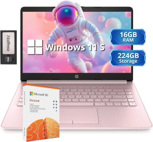 HP Stream 14″ HD BrightView Laptop, Intel Celeron N4120, 16GB RAM, 288GB Storage (128GB eMMC + 160GB Docking Station Set), Intel UHD Graphics, 720p Webcam, Wi-Fi, 1 Year Office 365, Win 11 S, Silver