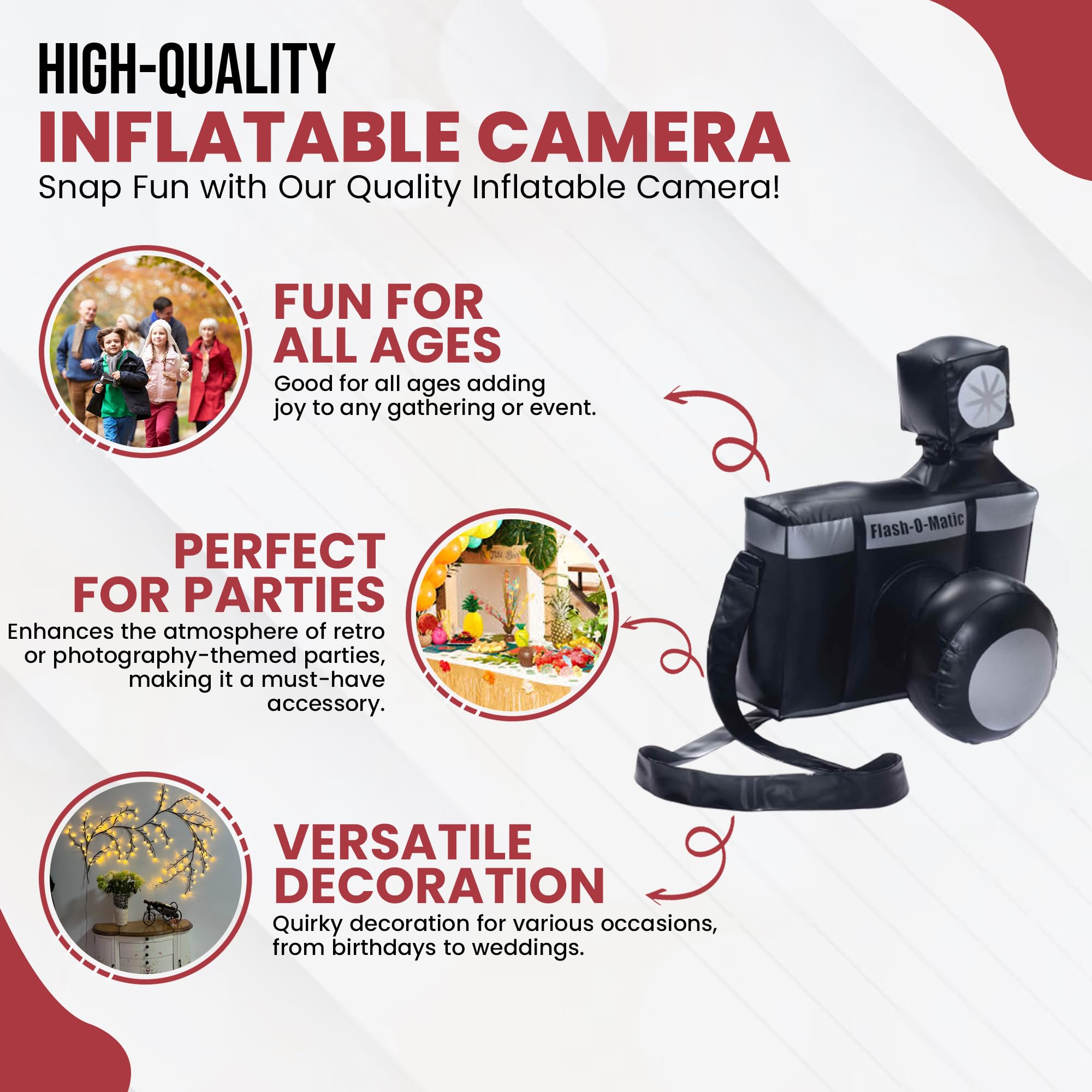 Inflatable Camara | Inflatable Clown Camera | Paparazzi & Photobooth Props | Oversized Camera Prop | Black/Silver | 10H x 7.5W x 5.5D Inches