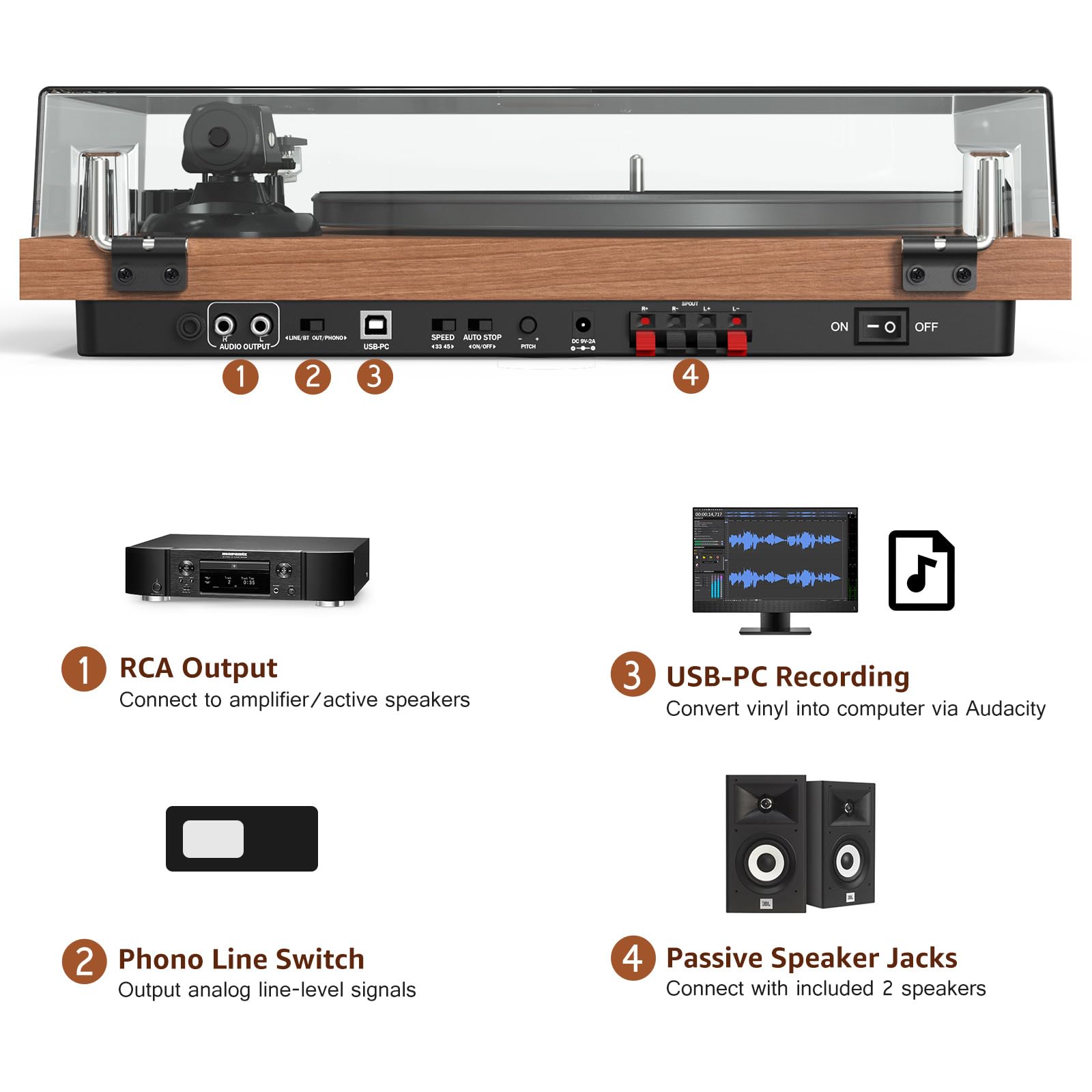 Record Player Turntable with 40W Speakers and Bluetooth Output Input for Vinyl Records,Vinyl Record Player with Built-in Preamp,AT-3600L Cartridge,USB Record,Pitch and Counterweight