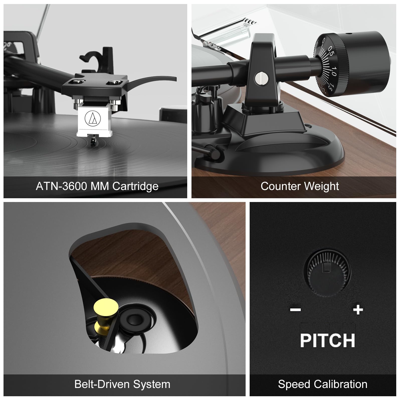 Record Player Turntable with 40W Speakers and Bluetooth Output Input for Vinyl Records,Vinyl Record Player with Built-in Preamp,AT-3600L Cartridge,USB Record,Pitch and Counterweight