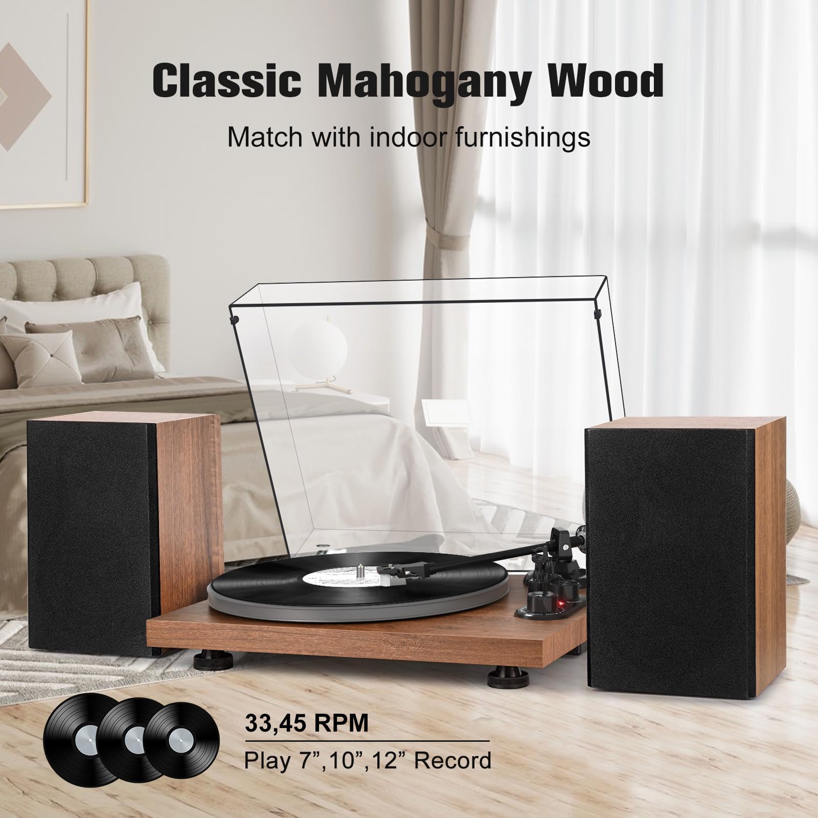 Record Player Turntable with 40W Speakers and Bluetooth Output Input for Vinyl Records,Vinyl Record Player with Built-in Preamp,AT-3600L Cartridge,USB Record,Pitch and Counterweight