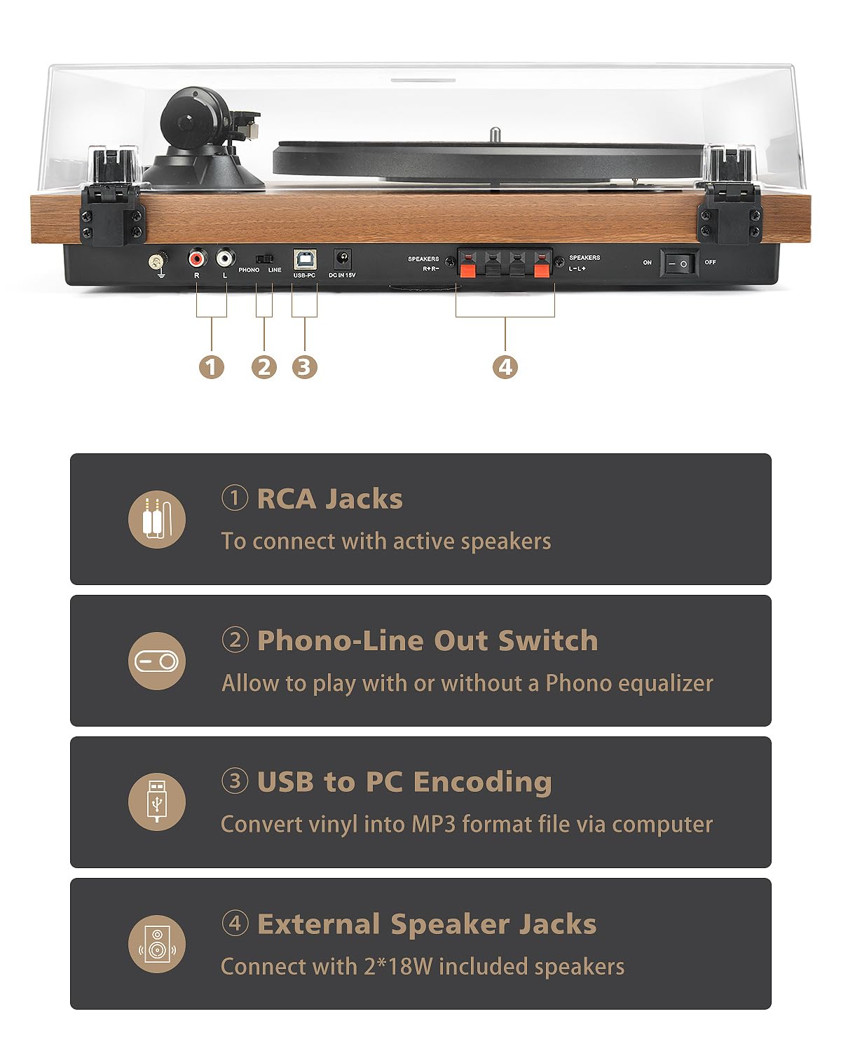 Record Player Vinyl Bluetooth Turntable with 36 Watt Stereo Bookshelf Speakers, Hi-Fi System with Magnetic Cartridge, USB Recording and Auto Stop