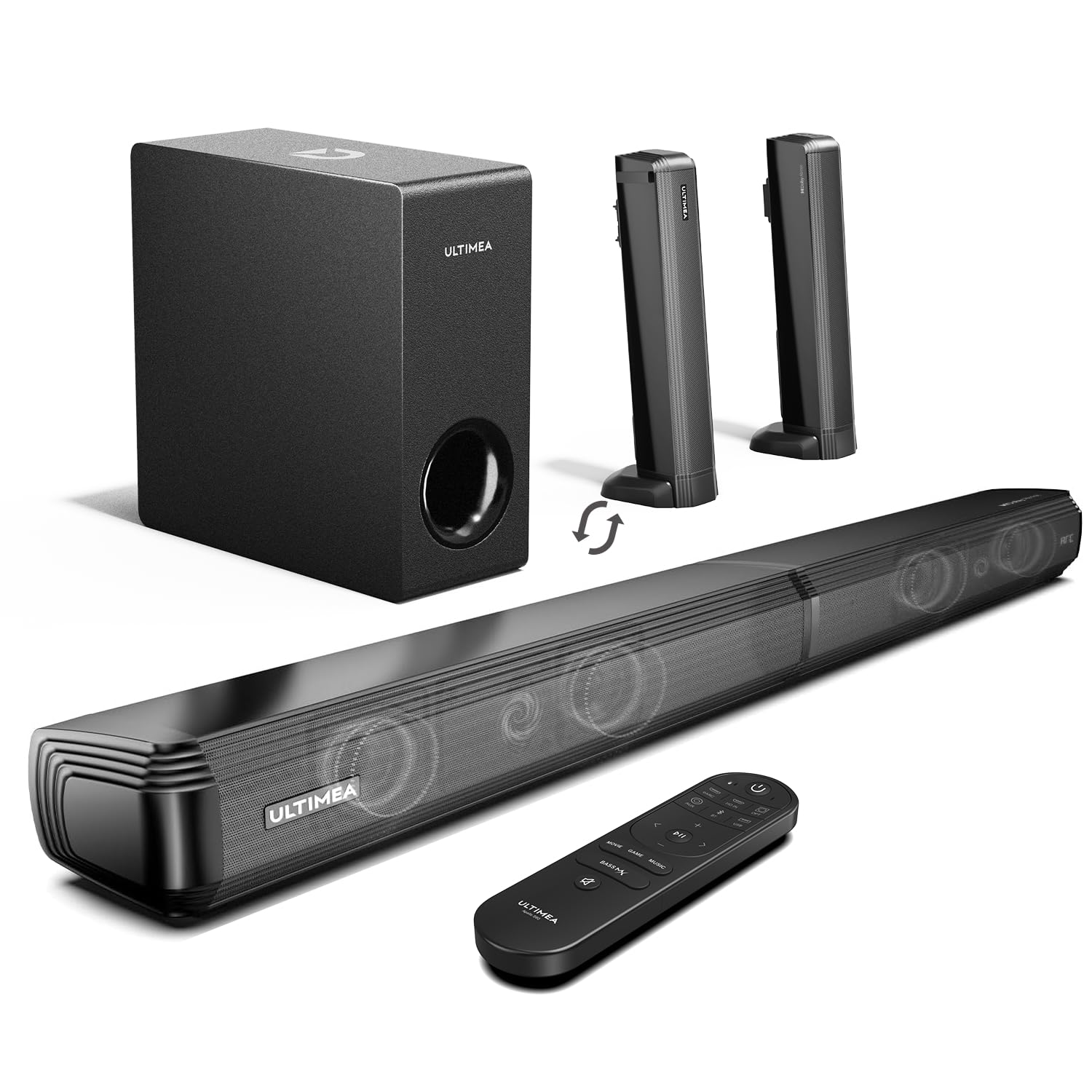 ULTIMEA 4.1ch Sound Bar for Smart TV with Dolby Atmos, 2-in-1 Bluetooth 5.3 Soundbar for TV with Subwoofer, 280W Peak Power, 3 EQ Modes TV Soundbar, Bass Boost, HDMI eARC, Apollo S60 Detachable Series