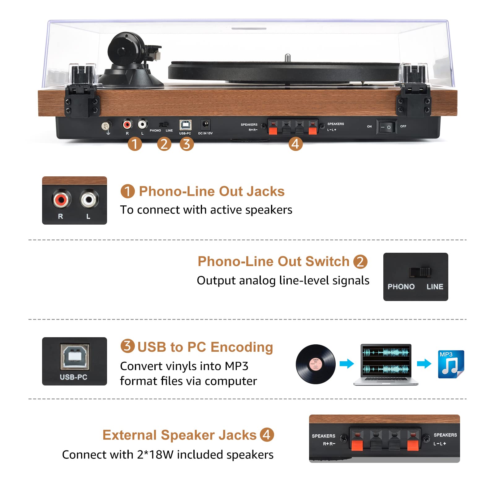 Vinyl Record Player Turntable with Speakers (36W) Wireless Bookshelf HiFi Stereo System Support USB Recording Magnetic Cartridge Built-in Phono Preamp Adjustable Counterweight Belt Drive Auto Stop