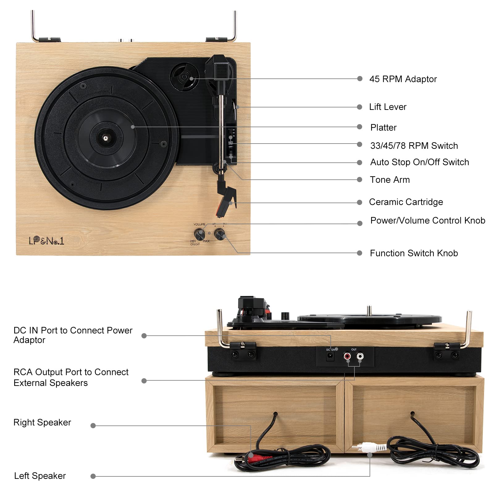 Vinyl Record Player with Stereo Bookshelf Speakers, 3-Speed Belt-Drive Turntable, Modern Vinyl LP Player with Wireless Playback, Auto Stop, RCA Output | Black Leather