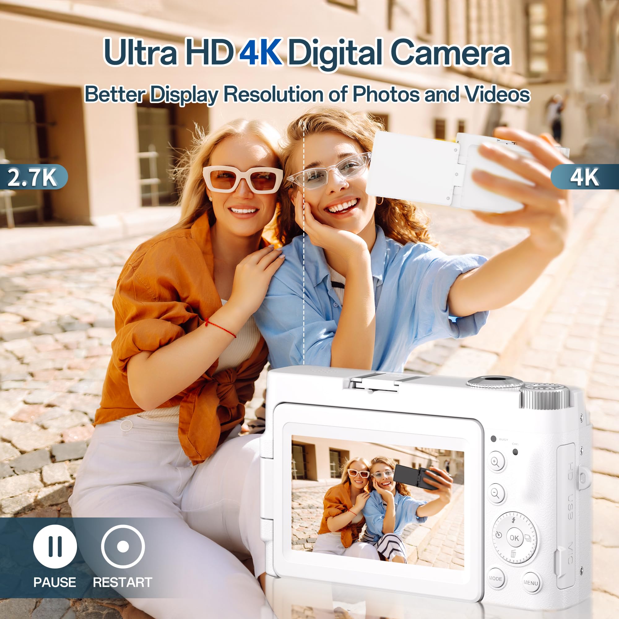 4K Digital Camera for Photography, 48MP Autofocus Vlogging Camera for YouTube with 3'' 180°Flip Screen, 16X Digital Zoom Anti-Shake Compact Travel Camera with SD Card, 2 Batteries & Charging Stand