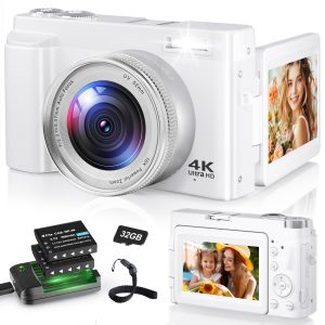 4K Digital Camera for Photography, 48MP Autofocus Vlogging Camera for YouTube with 3” 180°Flip Screen, 16X Digital Zoom Anti-Shake Compact Travel Camera with SD Card, 2 Batteries & Charging Stand