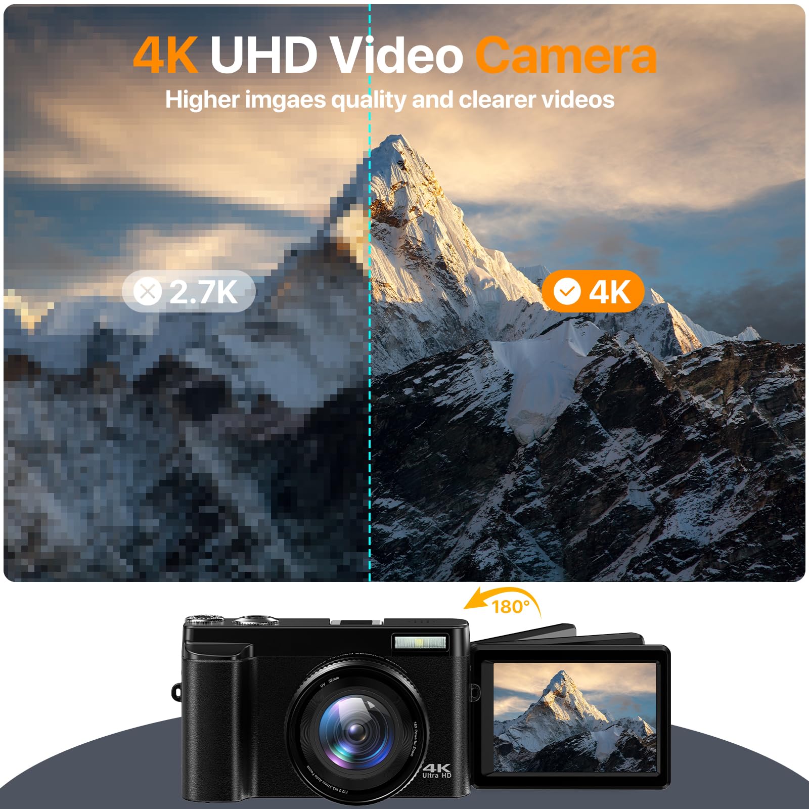 4K Digital Camera for Photography Auto-Focus Vlogging Camera for YouTube Video with 3'' 180° Flip Screen 16X Anti-Shake 4K Camera Compact Cameras with SD Card, Flash, 2 Batteries & Battery Charger