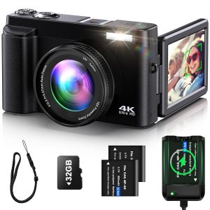 4K Digital Camera for Photography Auto-Focus Vlogging Camera for YouTube Video with 3” 180° Flip Screen 16X Anti-Shake 4K Camera Compact Cameras with SD Card, Flash, 2 Batteries & Battery Charger