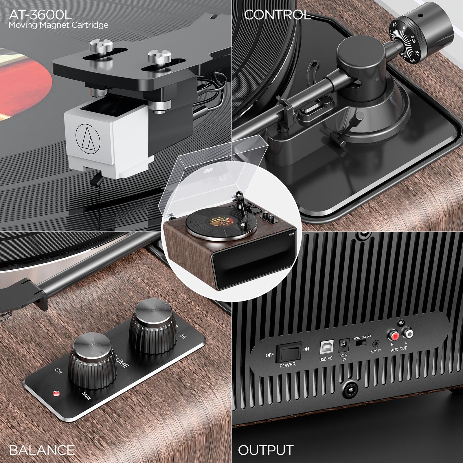 All in One Vinyl Record Player, Bluetooth Turntable with Built in 4 Stereo Speakers Phono Preamp, High Fidelity Turntables for Vinyl Records with Magnetic Cartridge AT-3600L MM, Belt Drive 2-Speed