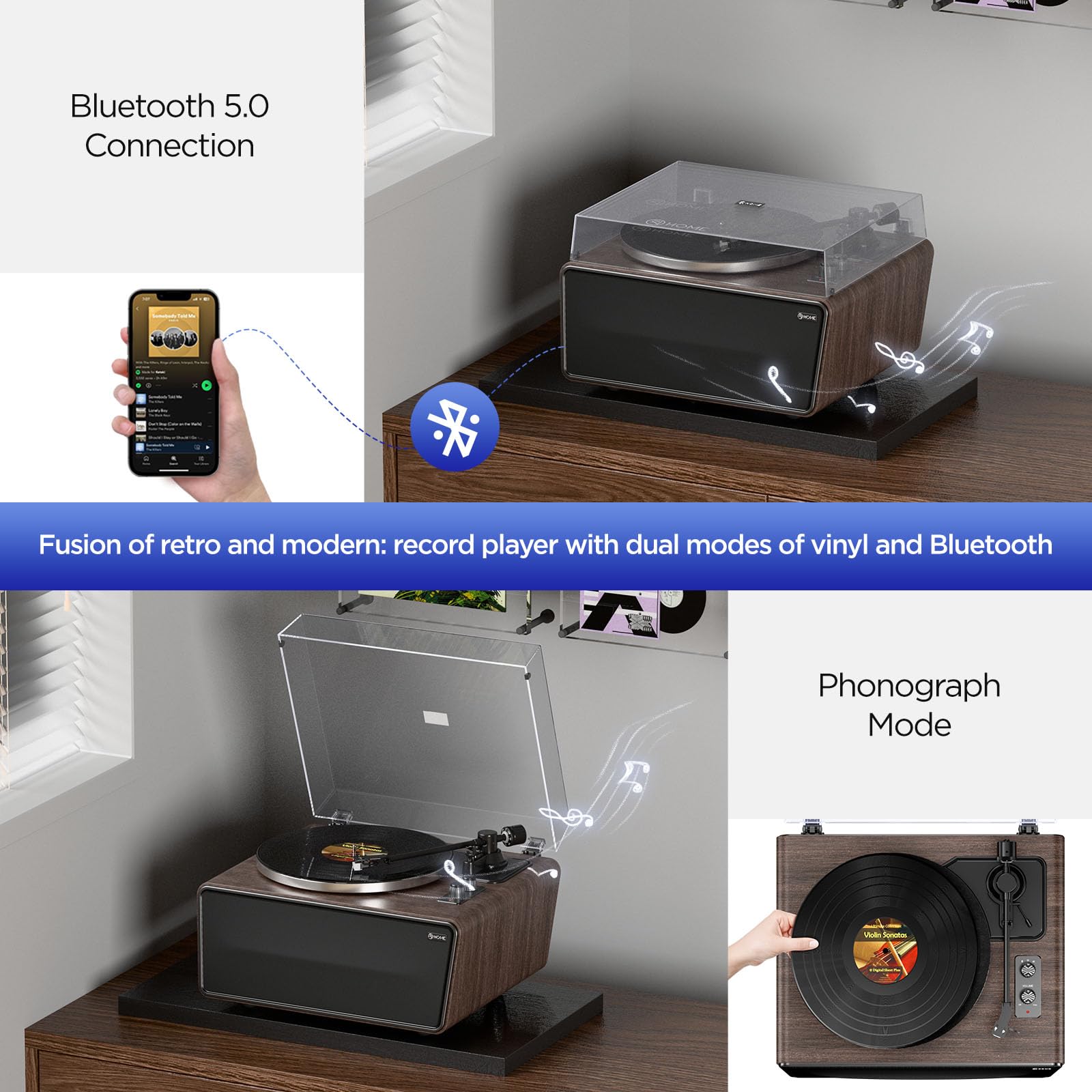 All in One Vinyl Record Player, Bluetooth Turntable with Built in 4 Stereo Speakers Phono Preamp, High Fidelity Turntables for Vinyl Records with Magnetic Cartridge AT-3600L MM, Belt Drive 2-Speed