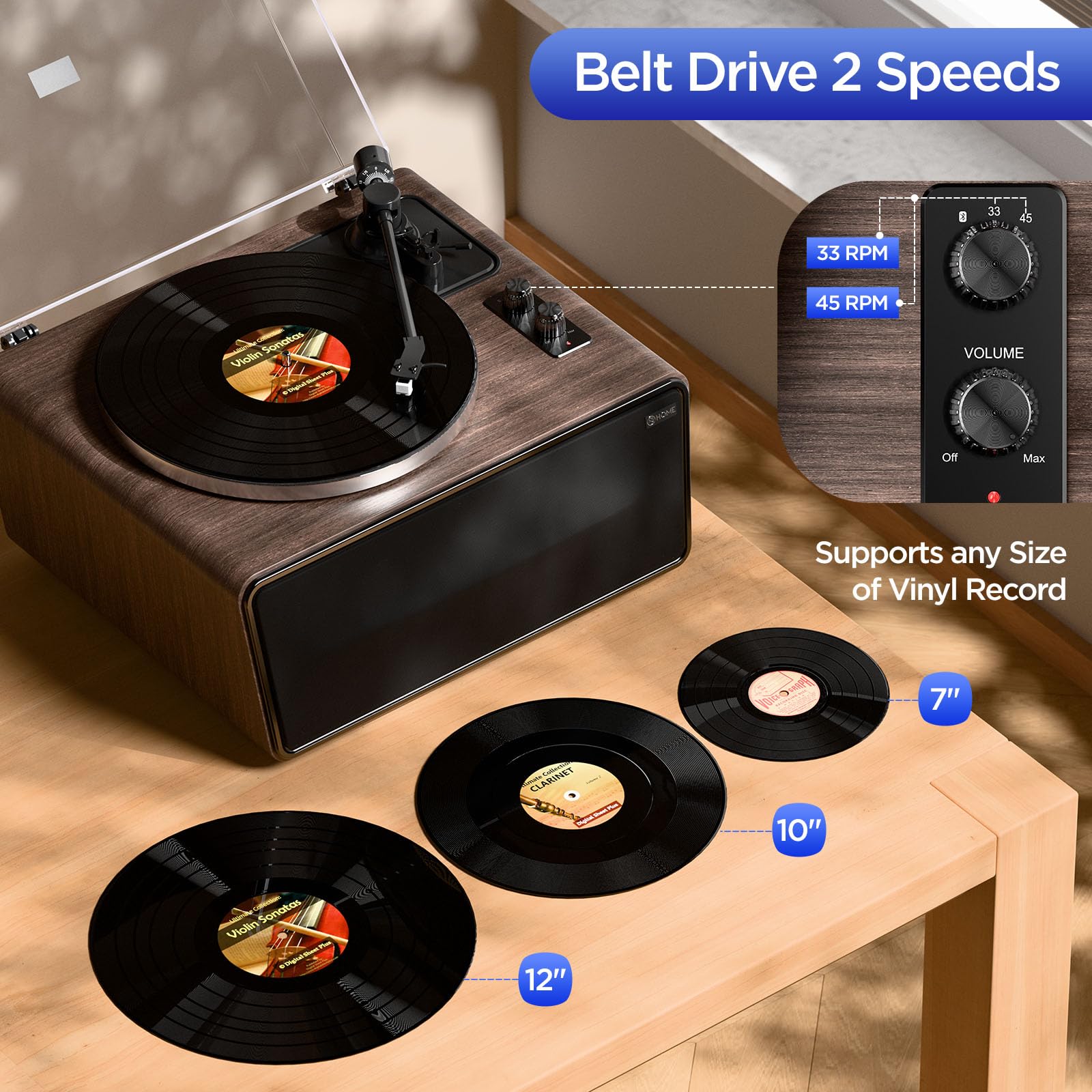 All in One Vinyl Record Player, Bluetooth Turntable with Built in 4 Stereo Speakers Phono Preamp, High Fidelity Turntables for Vinyl Records with Magnetic Cartridge AT-3600L MM, Belt Drive 2-Speed