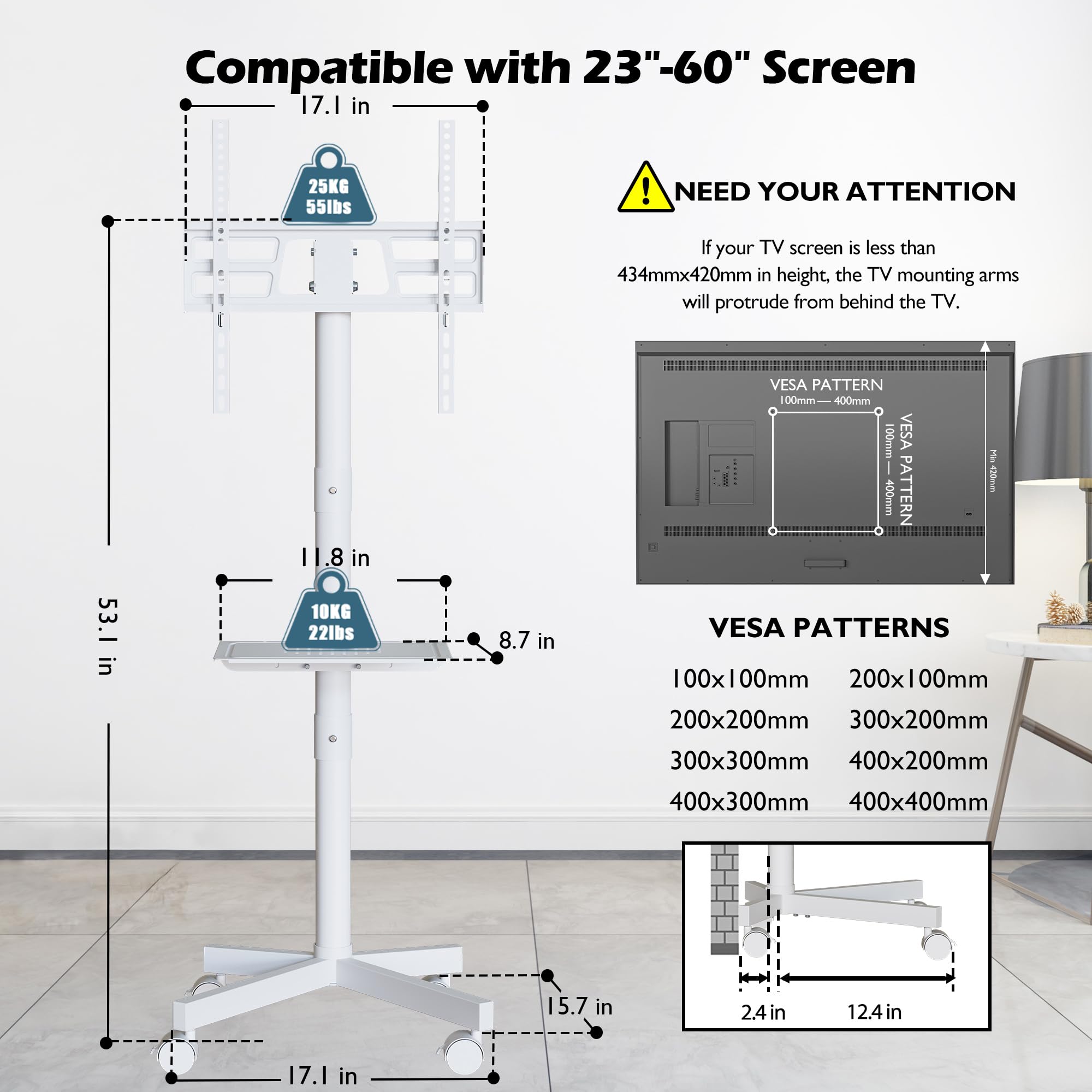 BONTEC Mobile TV Stand, Tilt Rolling TV Cart with Media Shelf and Locking Wheels, Fits 23-60” LED, LCD, OLED Flat Curved TVs, Holds Up to 55lbs, Max VESA 400x400mm, White