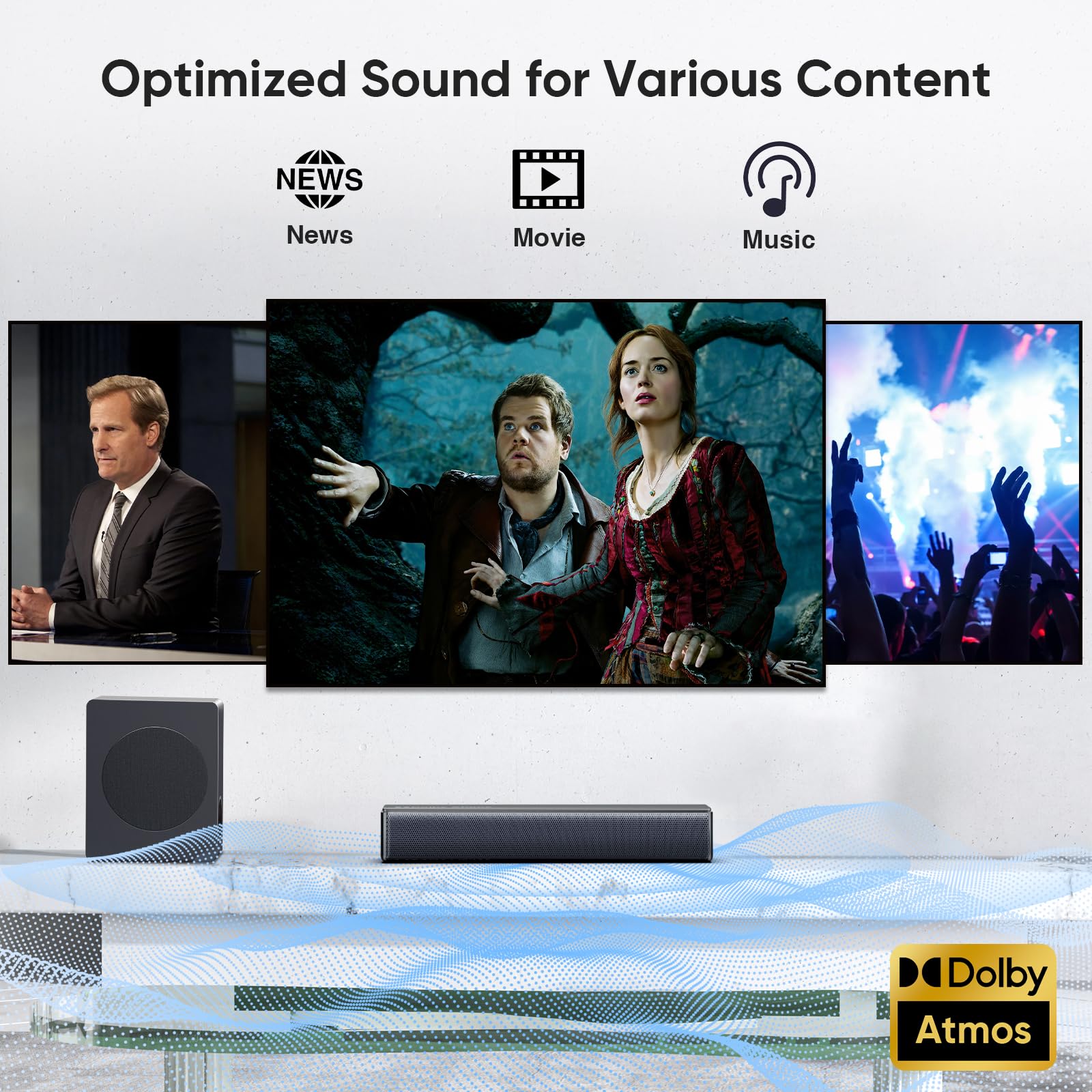 GEOYEAO Sound bar with subwoofer, 200W 2.1 ch soundbar w/Dolby Atmos Surround Sound System, 3D Bass Adjustable Home Theater Bluetooth TV Speaker for Smart TV/Projector/PC