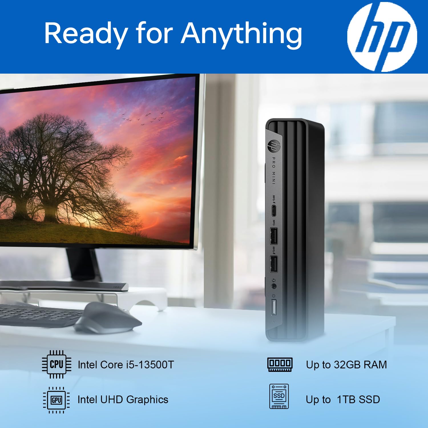 HP ProDesk 400 G9 Mini Business Desktop, 13th Gen Intel 14-Core i5-13500T (Beat i7-12700), 32GB RAM, 1TB PCIe SSD, Wi-Fi 6, HDMI, DP, Support 3-Monitor 4K, Wired Keyboard and Mouse, Windows 11 Pro