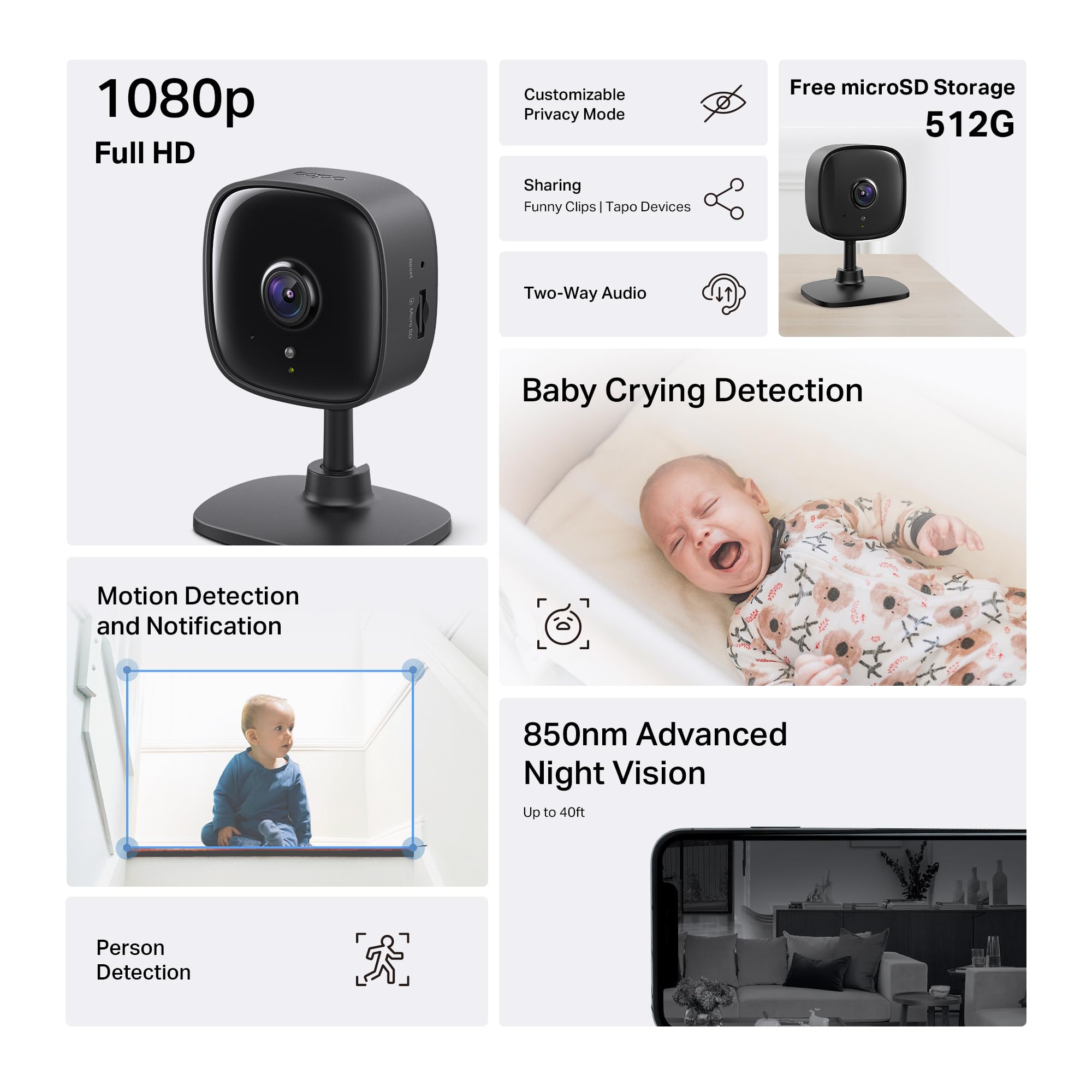 TP-Link Tapo 1080P Indoor Security Camera for Baby Monitor, Dog Camera w/Motion Detection, 2-Way Audio Siren, Night Vision, Cloud & SD Card Storage, Works w/Alexa & Google Home (Tapo C100)