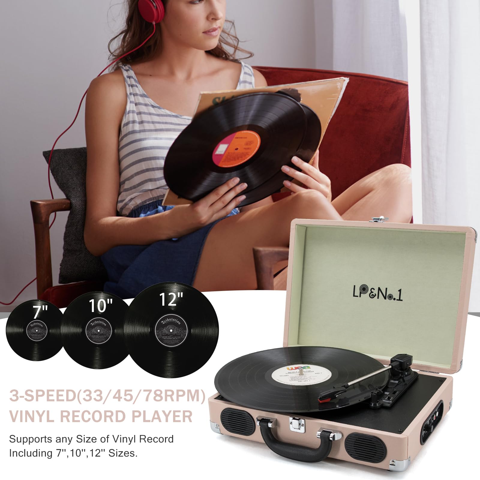 Vinyl Record Player with Built-in Stereo Speakers, Portable 3-Speed Belt-Driven Turntable, Retro LP Player with Headphone Jack, RCA Output for Entertainment and Home Decoration | Dark Red