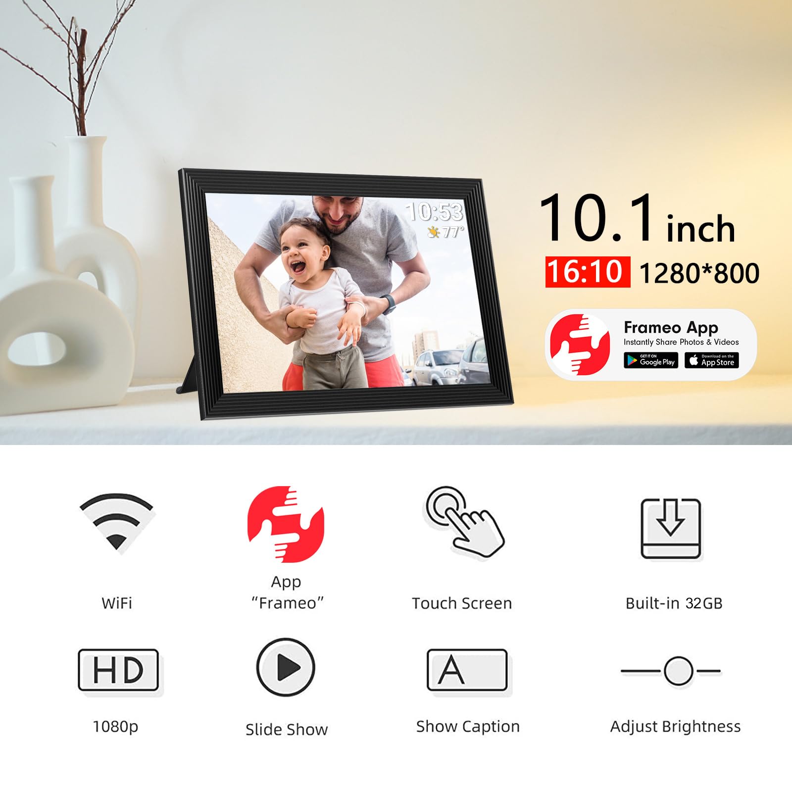 32GB FRAMEO 10.1 Inch Smart WiFi Digital Photo Frame 1280x800 IPS LCD Touch Screen, Auto-Rotate Portrait and Landscape, Built in 32GB Memory, Share Moments Instantly via Frameo App from Anywhere