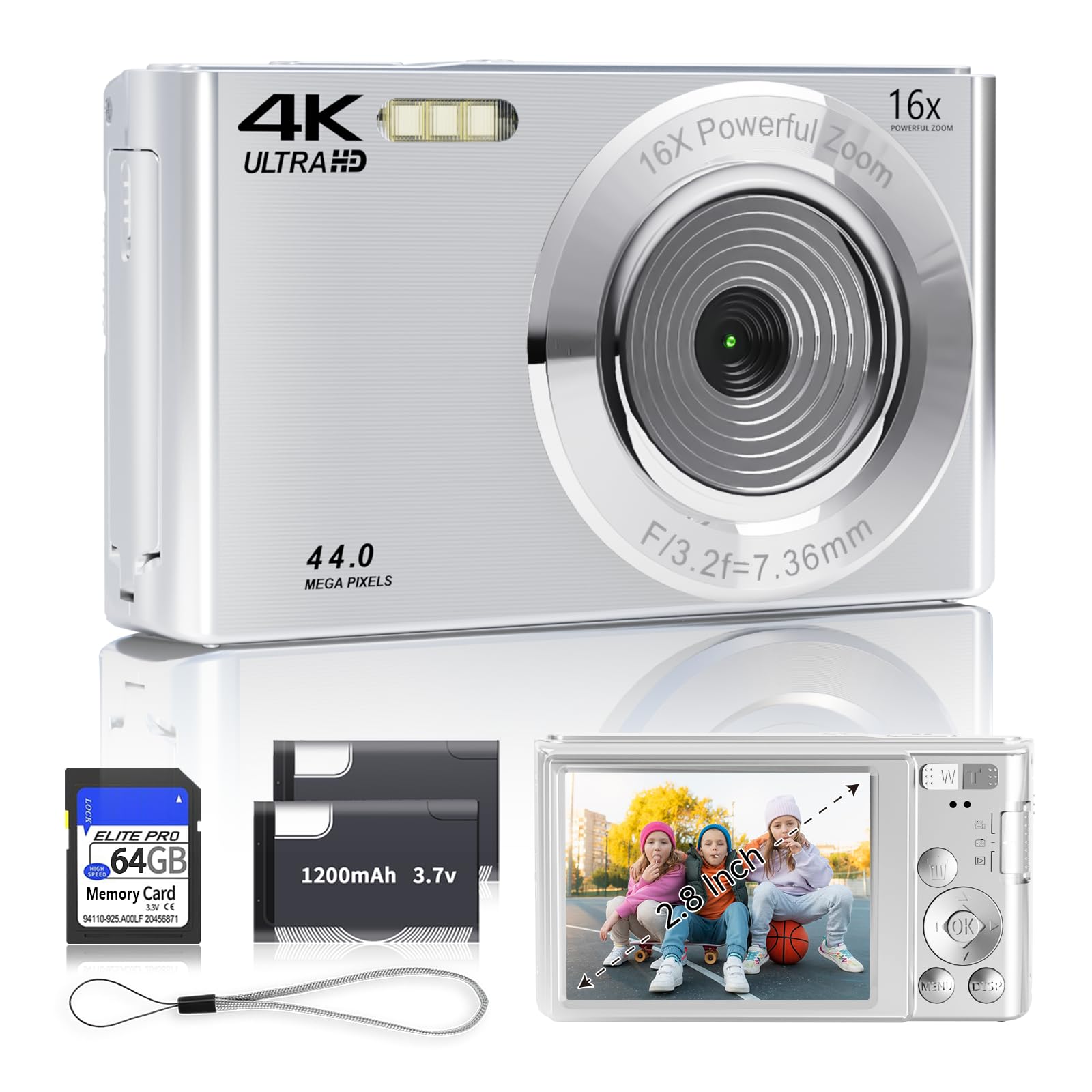 Black Digital Camera 2025 Upgrade 4K 44MP Digital Cameras for Teens, Digital Point and Shoot Camera for Kids with 16X Zoom, 64GB SD Card, Compact Small Camera for Boys Girls Teens Kids Gift