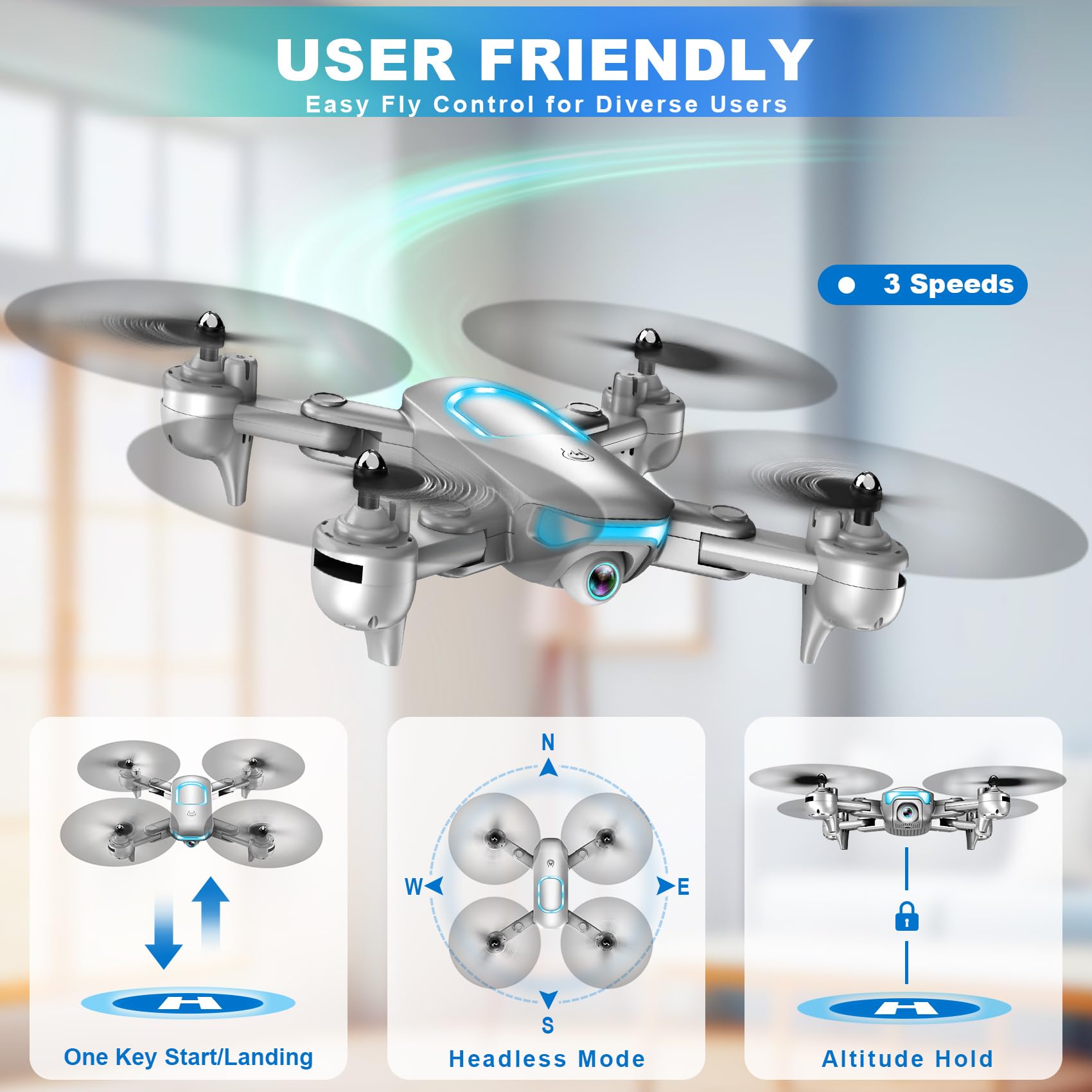 Drone with 1080P Camera for Beginners, 2025 𝑵𝑬𝑾 Foldable Drone with Upgrade Altitude Hold, Gestures Selfie, Waypoint Fly, Headless Mode, 3D Flip, One Key Start, 3 Speed Mode, Circle Fly, 2 Batteries