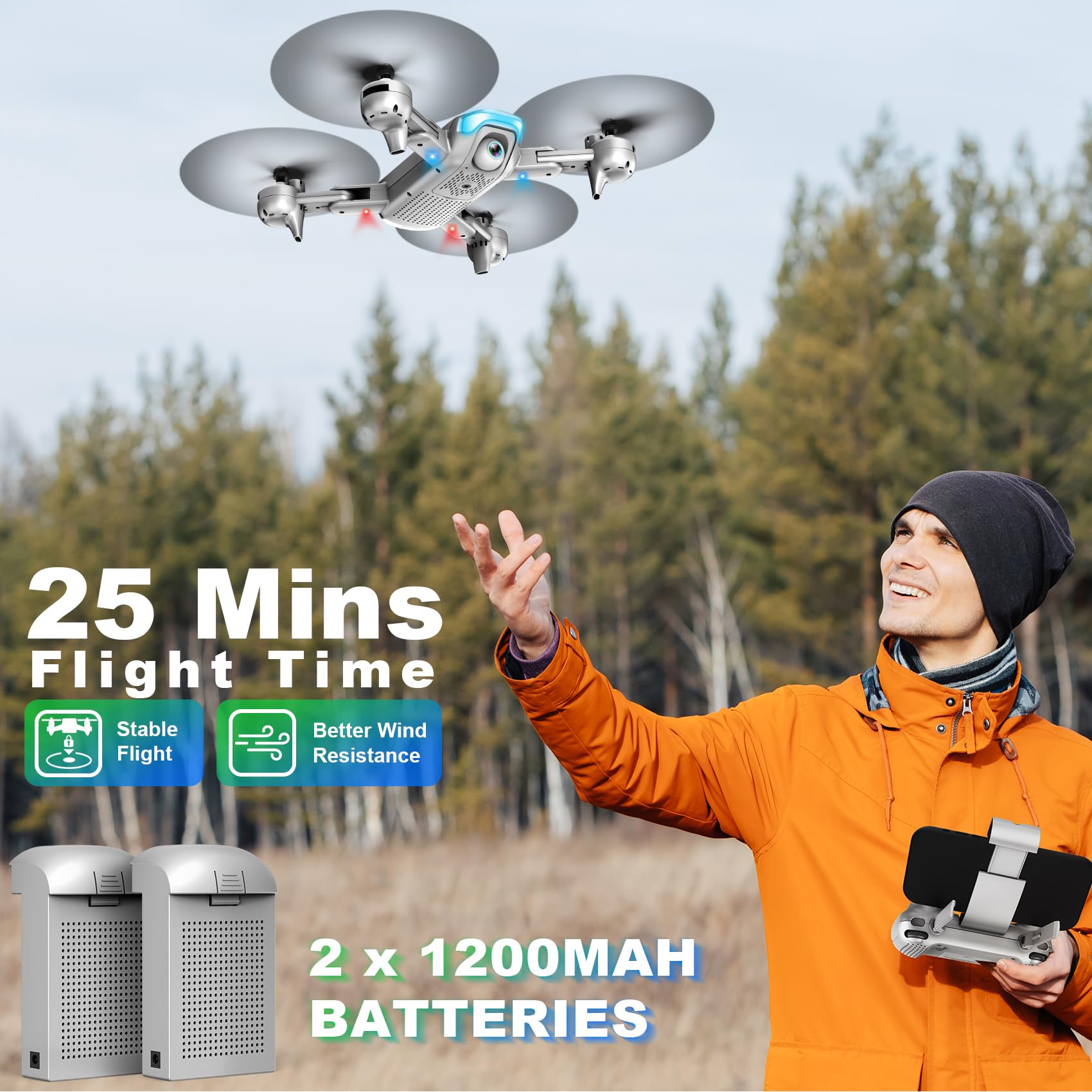 Drone with 1080P Camera for Beginners, 2025 𝑵𝑬𝑾 Foldable Drone with Upgrade Altitude Hold, Gestures Selfie, Waypoint Fly, Headless Mode, 3D Flip, One Key Start, 3 Speed Mode, Circle Fly, 2 Batteries