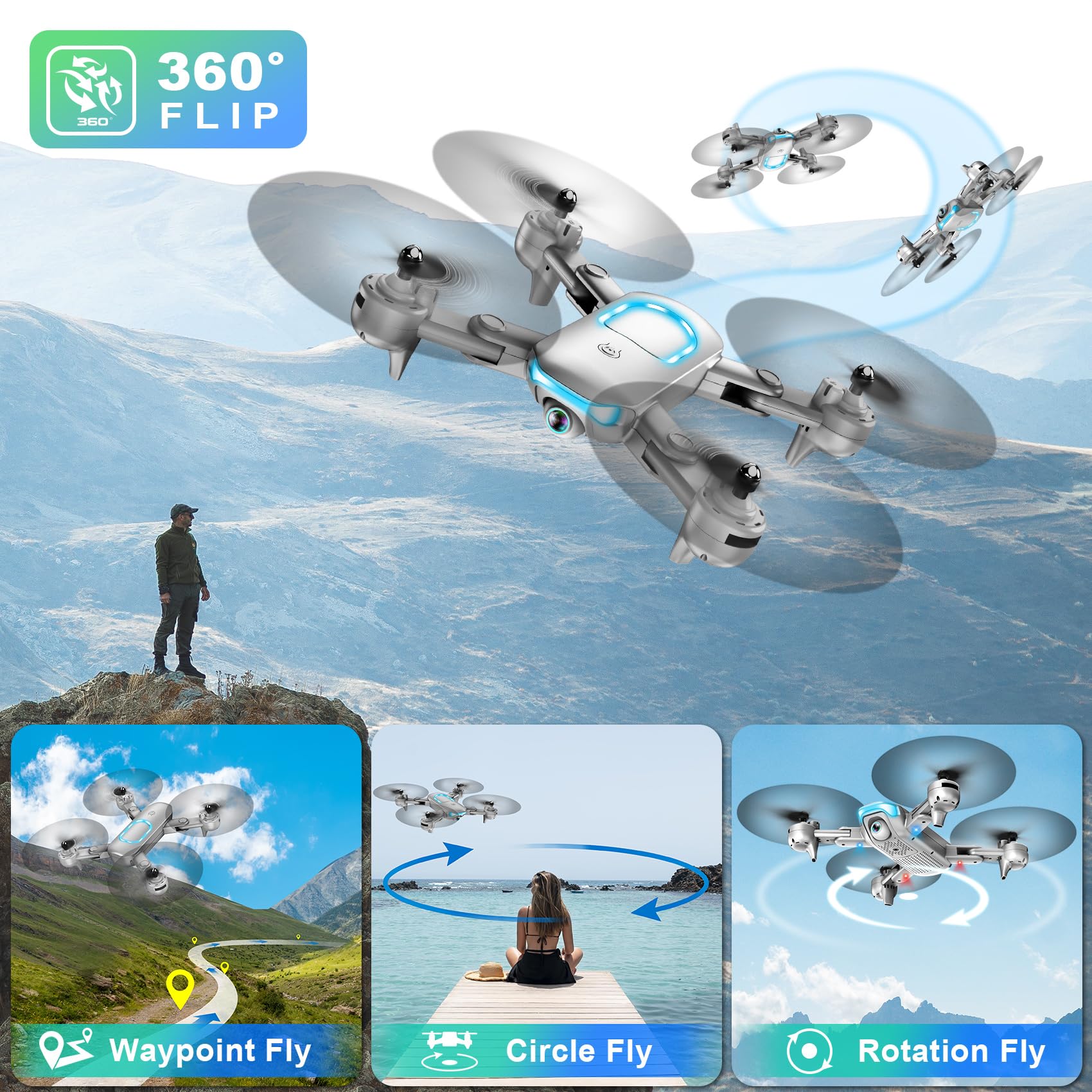 Drone with 1080P Camera for Beginners, 2025 𝑵𝑬𝑾 Foldable Drone with Upgrade Altitude Hold, Gestures Selfie, Waypoint Fly, Headless Mode, 3D Flip, One Key Start, 3 Speed Mode, Circle Fly, 2 Batteries