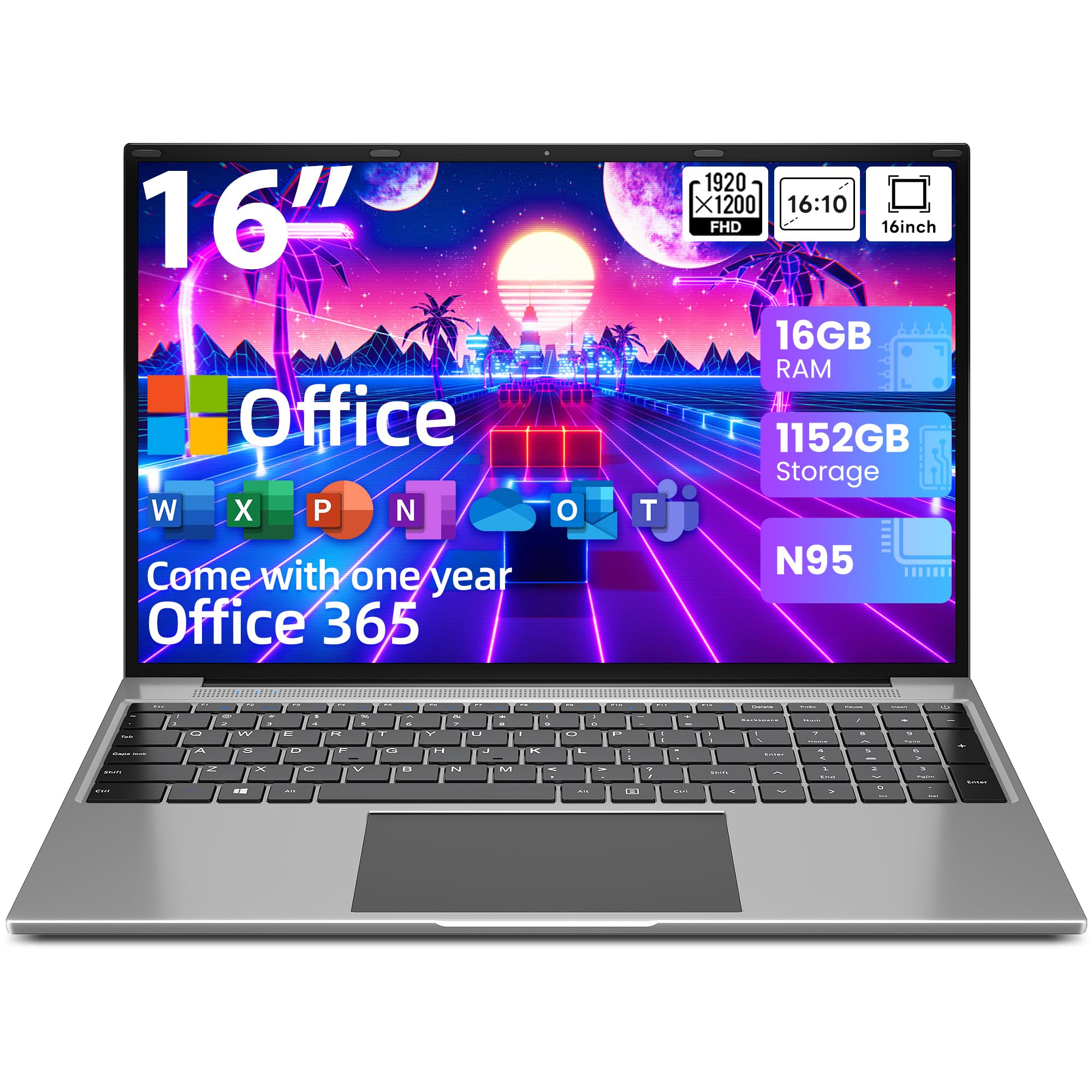 jumper Laptop, Office 365, N95 CPU(Up to 3.4GHz), 16GB RAM 1152GB Storage, Laptop Computer with 16 Inch FHD IPS Display(1920x1200), 38WH Battery, 2.4G+5G WiFi, BT4.0, 2 Speakers, Numeric Keypad.