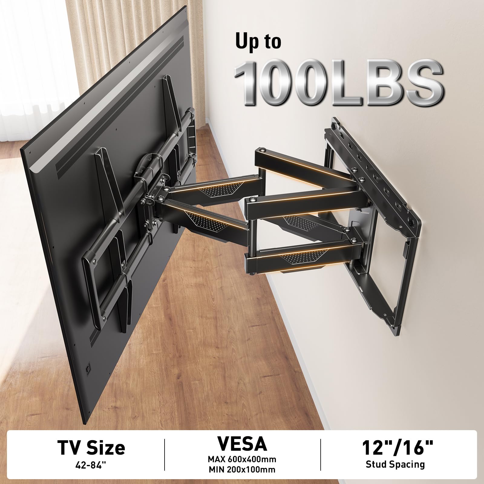 Mounting Dream UL Listed TV Wall Mount for Most 42-84 Inch TV, Full Motion TV Mount with Swivel and Tilt, TV Bracket with Articulating Dual Arms, Fits 16inch Studs, Max VESA 600X400 mm, 100 lbs,MD2617