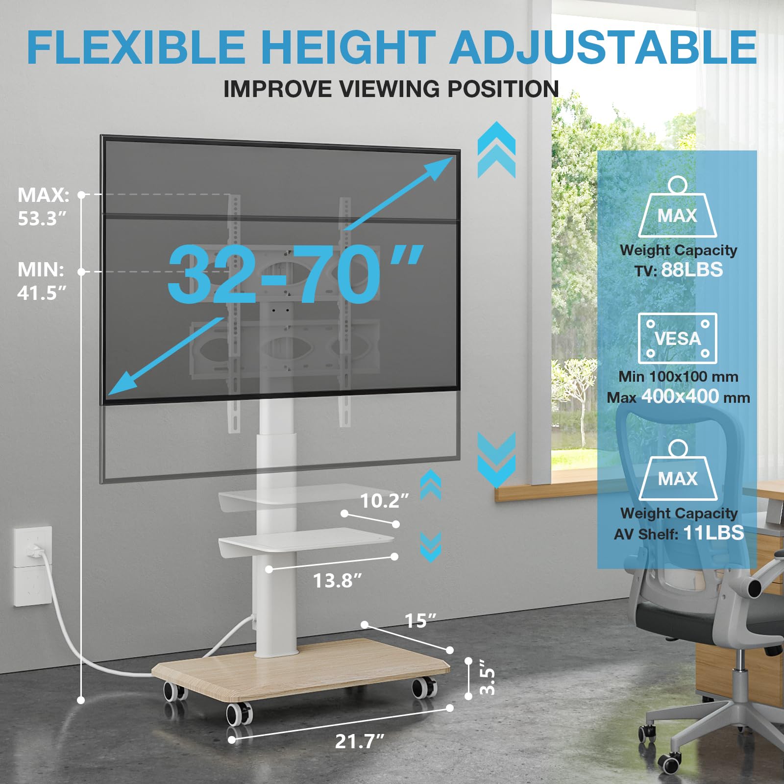 YOMT Floor TV Stand with Power Outlet, Universal TV Stand for 32-70 inch TV, Swivel Rolling Height Adjustable Portable TV Stand on Wheels, Modern Mobile Wood Base White TV Stand