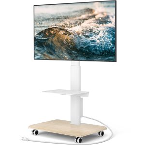 YOMT Floor TV Stand with Power Outlet, Universal TV Stand for 32-70 inch TV, Swivel Rolling Height Adjustable Portable TV Stand on Wheels, Modern Mobile Wood Base White TV Stand