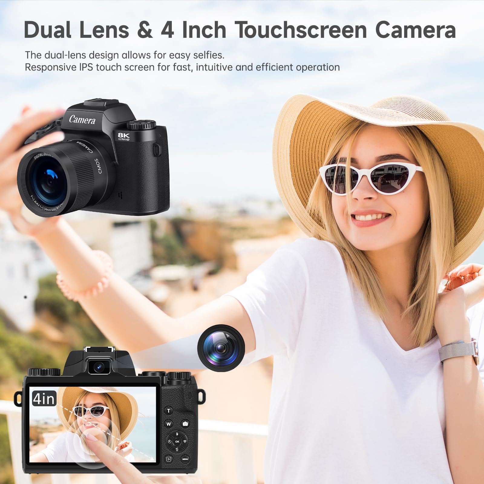 8K Digital Camera for Photography, Vlogging Camera for Youtube with Autofocus, WiFi Touchscreen 16X Digital Zoom Video Camera with 3000mAh Battery, Dual-lens, Lens Hood, 32GB TF Card and Flash,Black