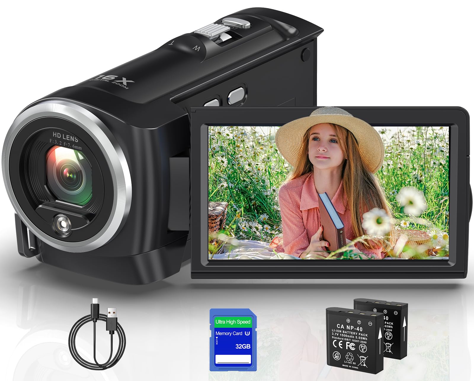 Gcasio 2.7K Video Camera Camcorder QHD 50MP YouTube Vlogging Camera 16X Digital Zoom Webcam 270 Degree Rotation Screen Camcorders with 32G SD Card and 2 Batteries Recording While Charging