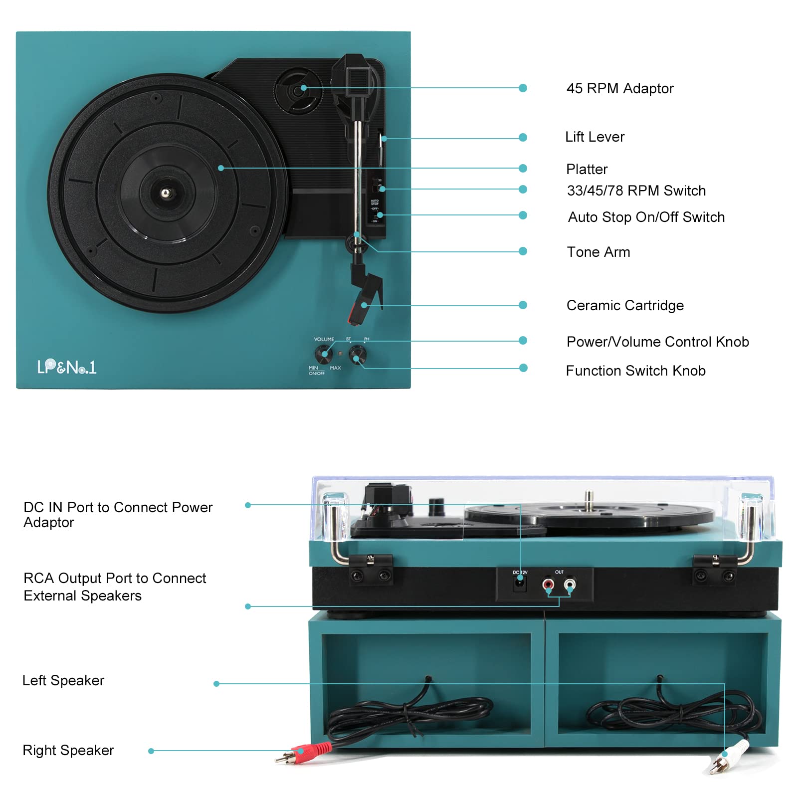 LP&No.1 Wireless Vintage Record Player with Dual External Speakers,Wireless Turntable with RCA Output & Wireless Input,Mahogany Brown Wood