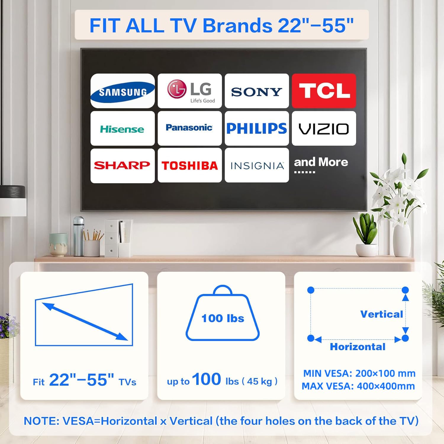 No Drill Drywall TV Mount, No Stud TV Wall Mount for Most Brand 22-55 Inch TVs up to 100 lbs, Easy Install No Stud Studless TV Wall Mount, Include All Hardware-New Level Bubble Meter