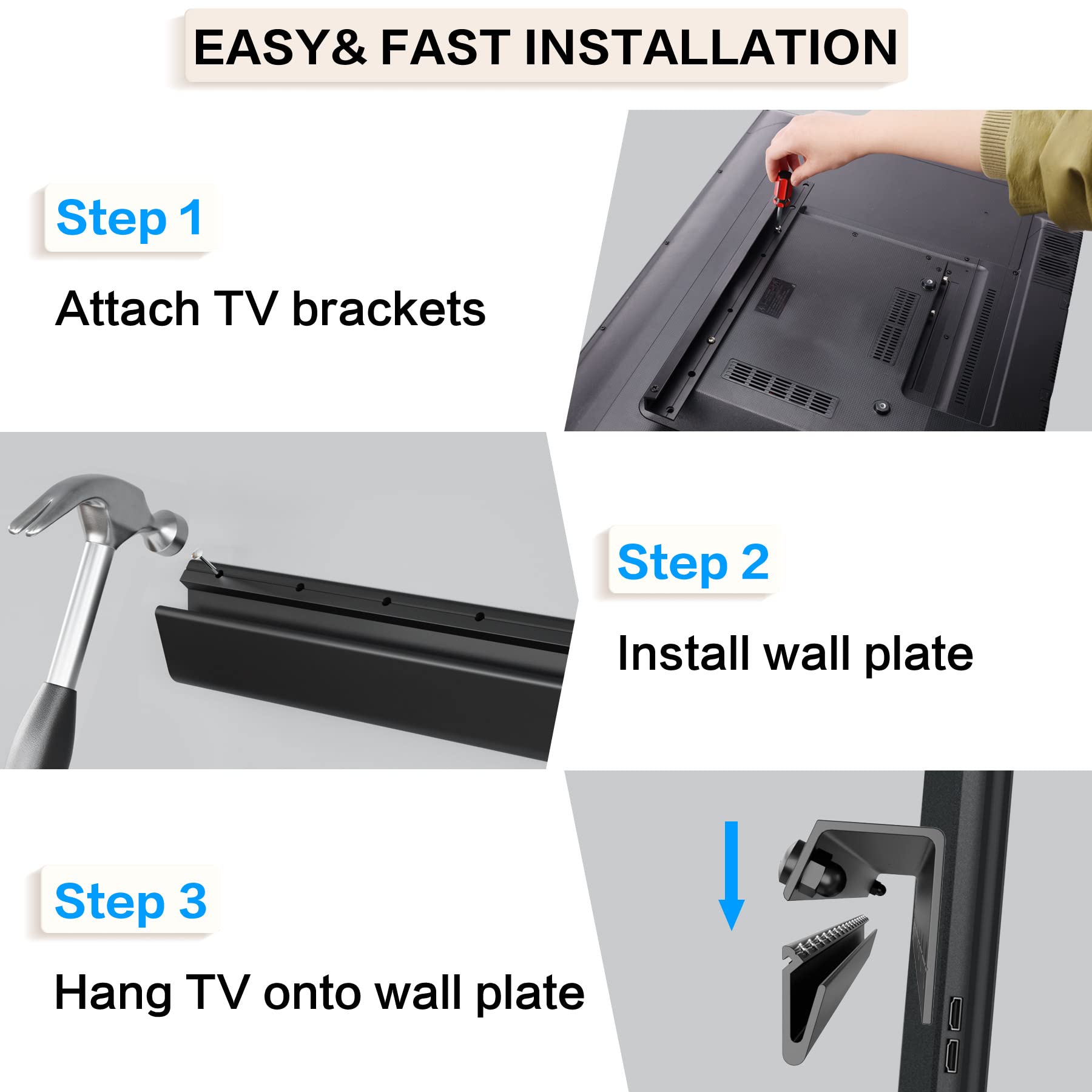 No Drill Drywall TV Mount, No Stud TV Wall Mount for Most Brand 22-55 Inch TVs up to 100 lbs, Easy Install No Stud Studless TV Wall Mount, Include All Hardware-New Level Bubble Meter