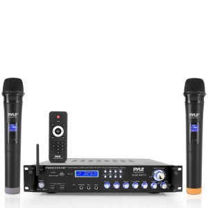 Pyle Bluetooth Multi-Channel Hybrid Pre-Amplifier System – 3000W Home Audio Rack Mount Stereo Power Amplifier Receiver w/ Radio, USB, UHF, Dual Wireless Karaoke mic, Speaker Sound System -PWMA4004BT