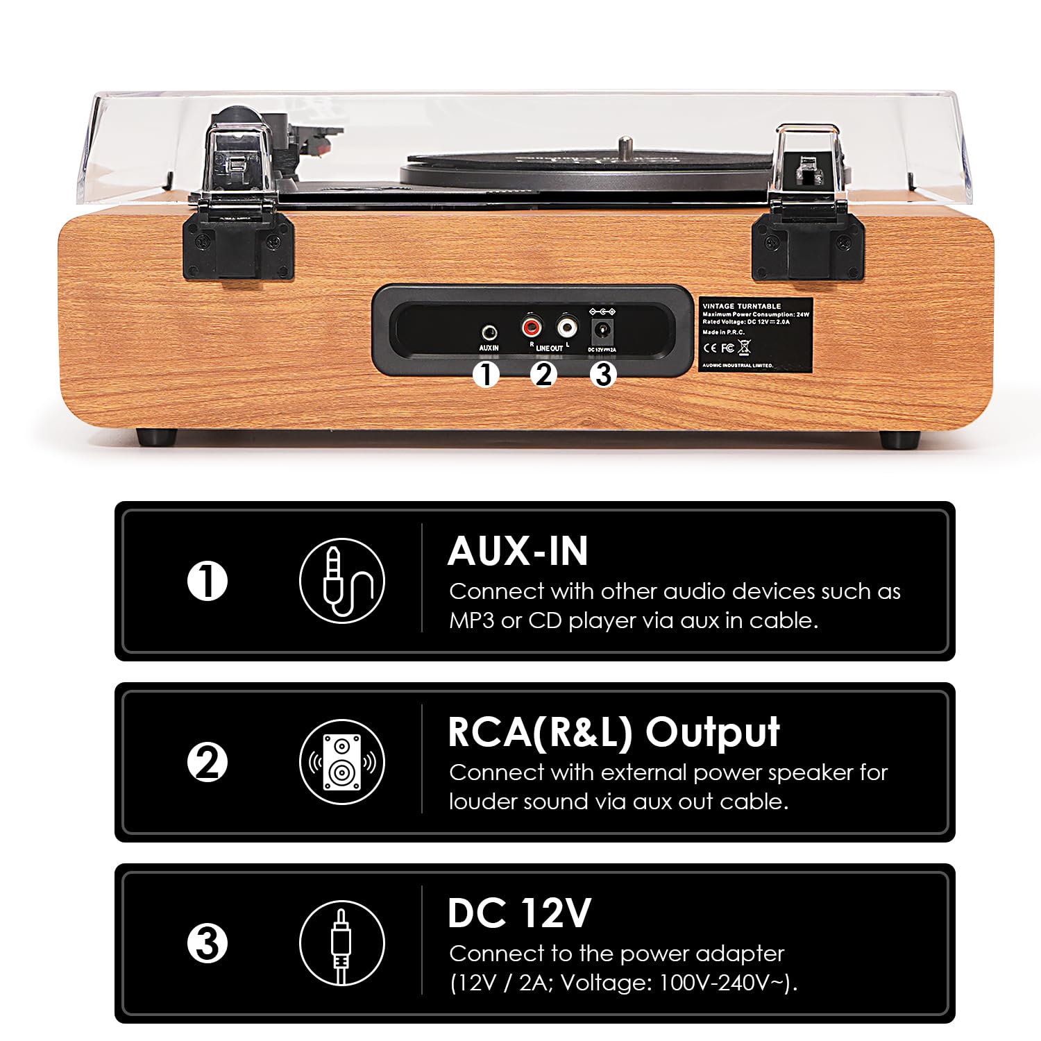 Vinyl Record Player Vintage with Upgraded Speakers, Adjustable Needle Pressure,3 Speed Turntable LP Player with Bluetooth Connection, Independent Cavity, RCA Output, Retro Design