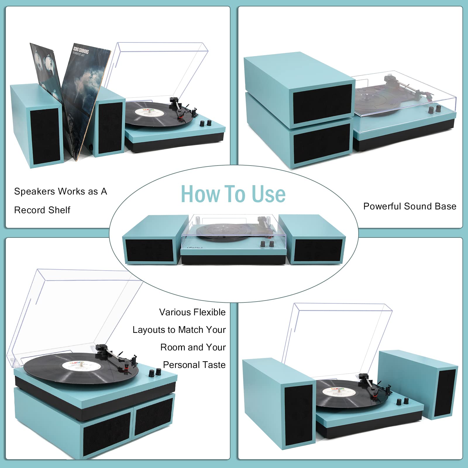 Vinyl Record Player, Vinyl Turntables with Dual Stereo Bookshelf External Speakers, Adjustable 3-Speed Belt-Drive Turntable, LP Player with RCA, Auto Stop（Cement Ash