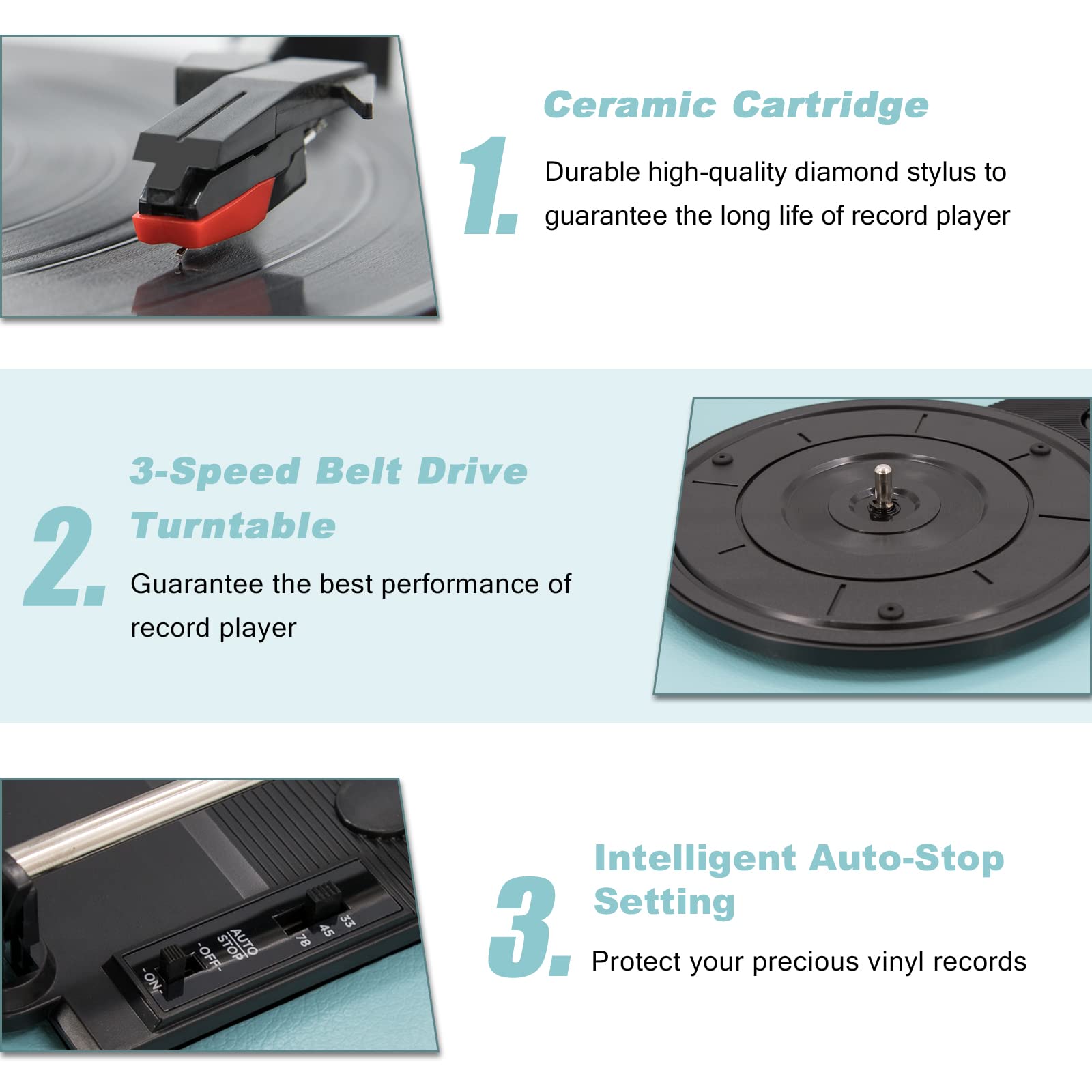 Vinyl Record Player, Vinyl Turntables with Dual Stereo Bookshelf External Speakers, Adjustable 3-Speed Belt-Drive Turntable, LP Player with RCA, Auto Stop（Cement Ash